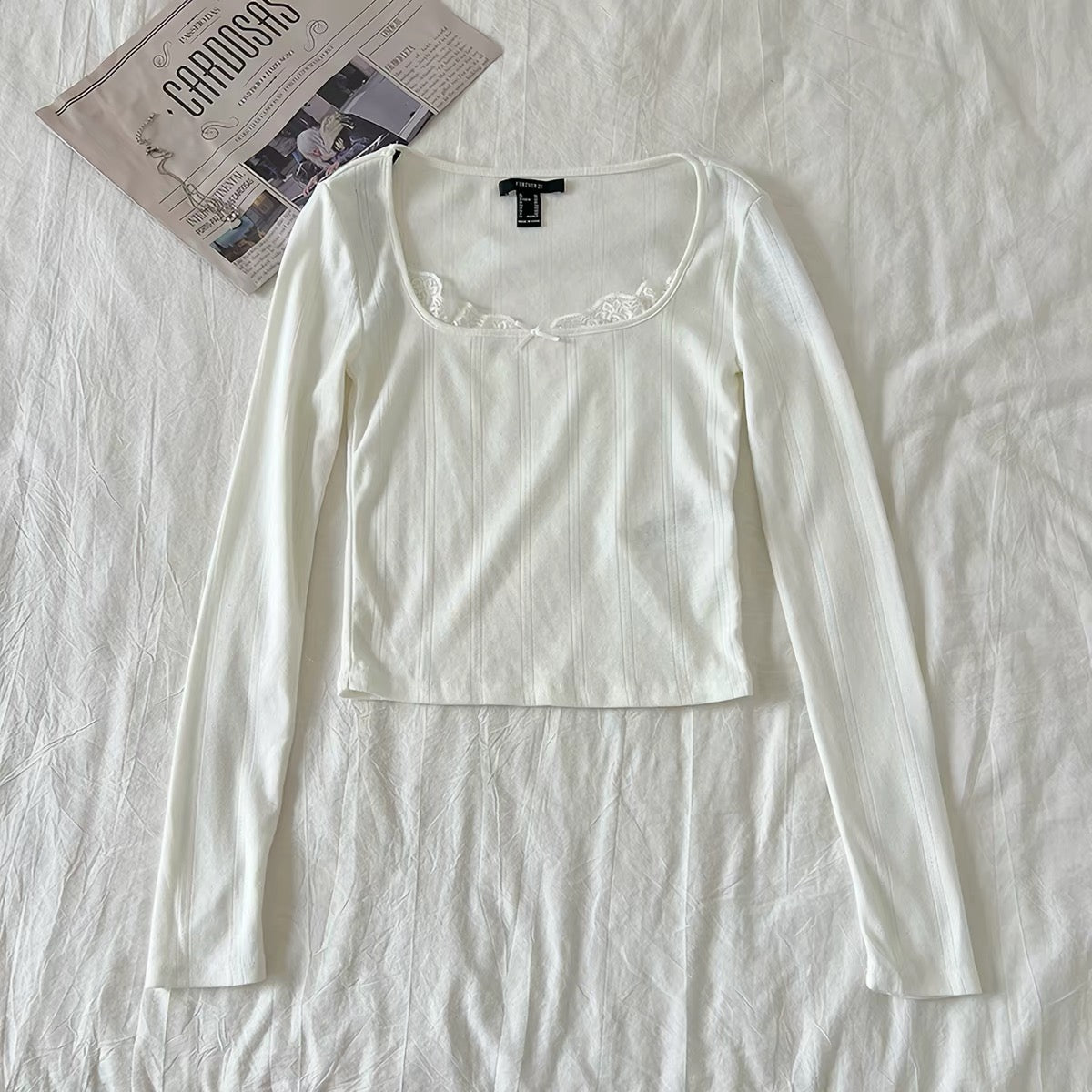 Pointelle Lace-Trim Long Sleeve
