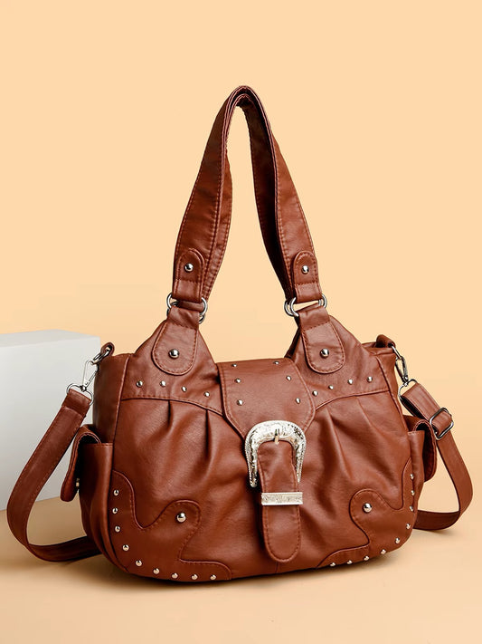 Silver buckle brown handbag