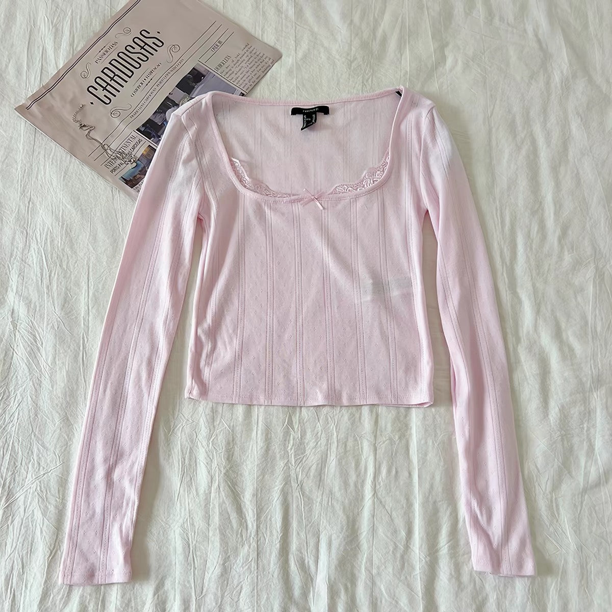 Pointelle Lace-Trim Long Sleeve