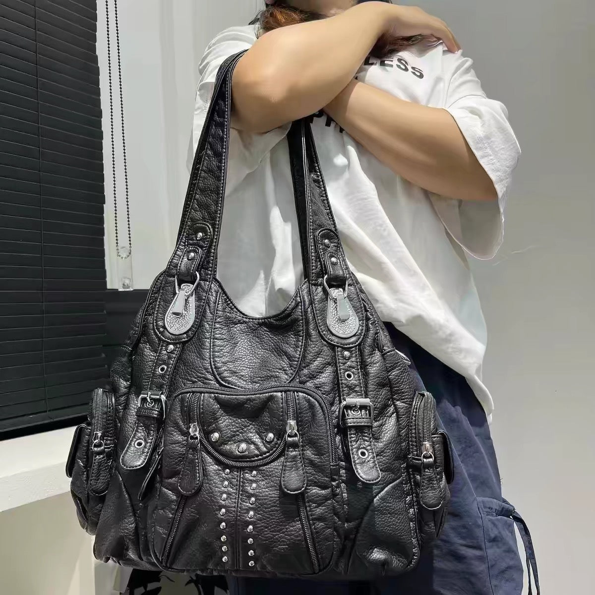 Black leather handbag