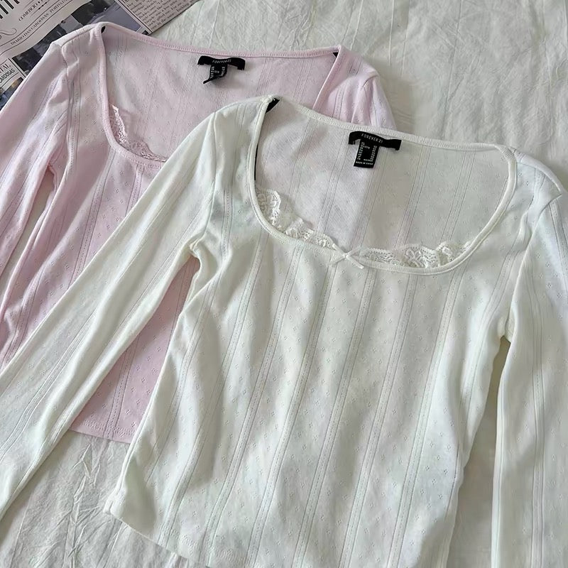 Pointelle Lace-Trim Long Sleeve